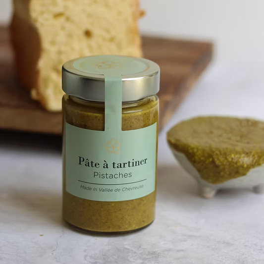 Pâte à tartiner pistache & fleur d'oranger fabriquée à l'atelier de Le Jardin Sucré à Cernay-la-Ville