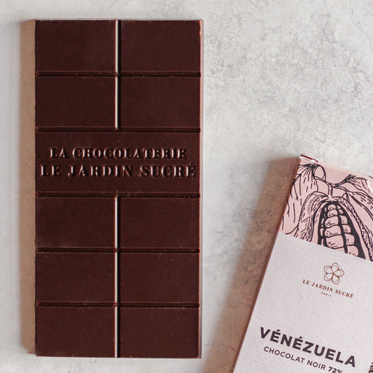 Tablette Chocolat Noir grand cru pure origine Vénézuela que l'on retrouve dans les boutiques de Paris & Cernay-la-ville ainsi que la Chocolaterie de Dampierre-en-yvelines - Le Jardin Sucré